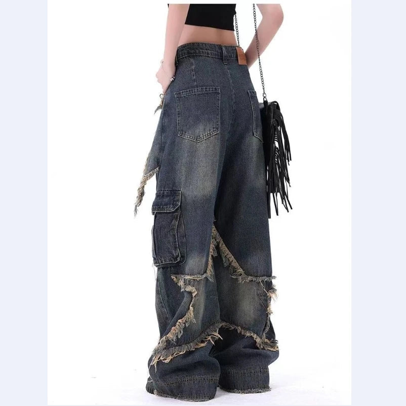 ✨ Jean Baggy Femme Vintage 🌟 – Coupe Droite Délavée & Appliques Étoiles Y2K 👖